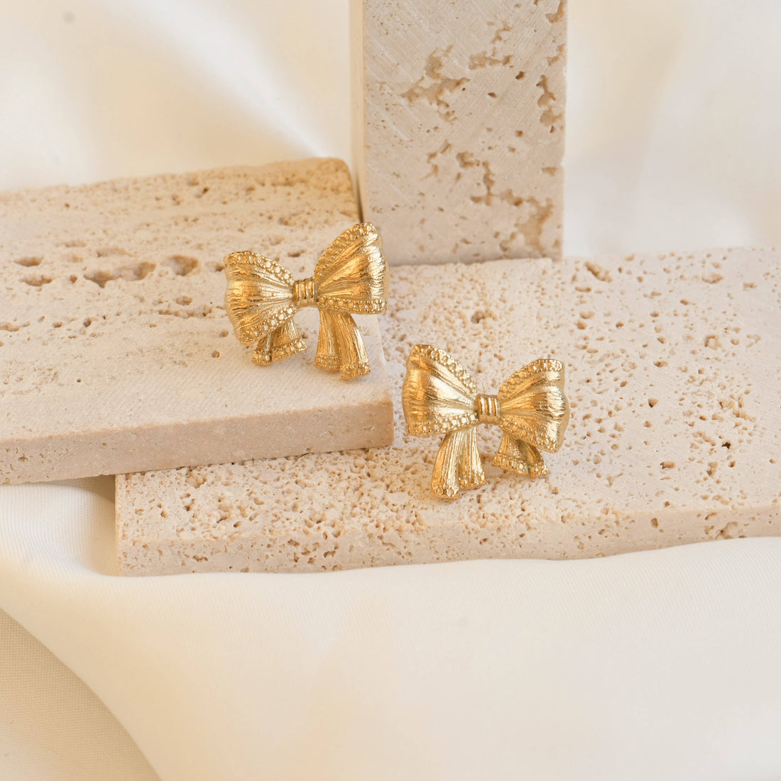 Medium Texture Bow Tie Studs - 18k Gold Bow Earrings