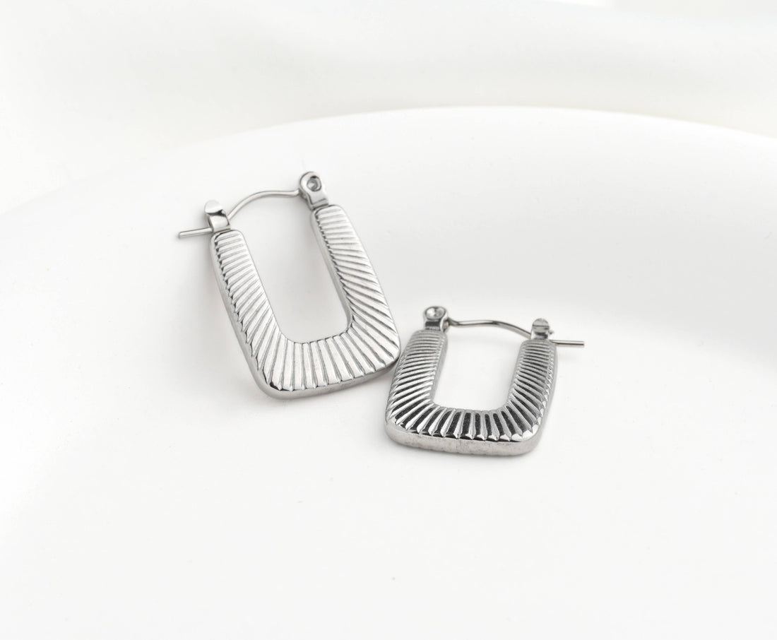 Textured U Hoops - Stainless Steel Rectangle Hoop Earrings