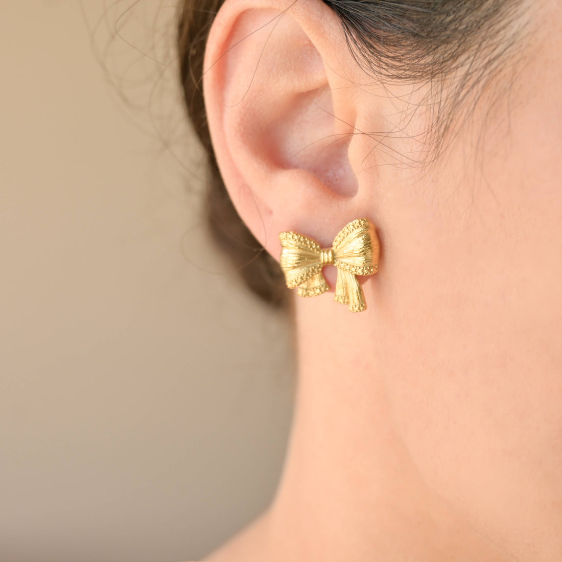 Medium Texture Bow Tie Studs - 18k Gold Bow Earrings