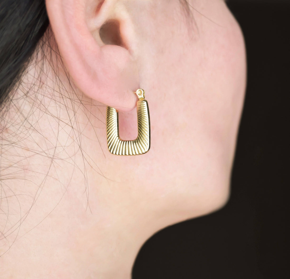 Textured U Hoops - Stainless Steel Rectangle Hoop Earrings